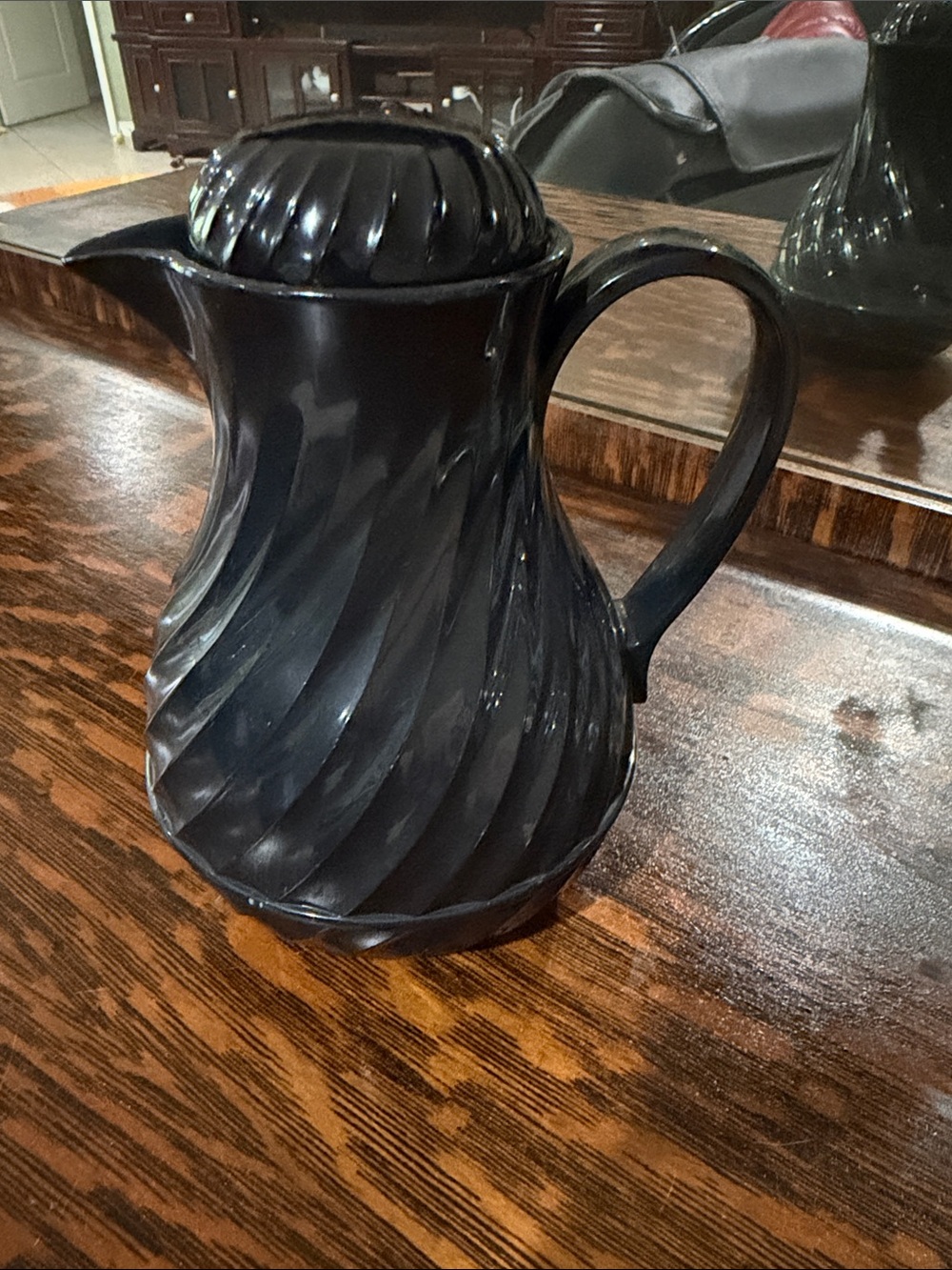 Vintage black swirl inflated coffee carafe, thermos retro